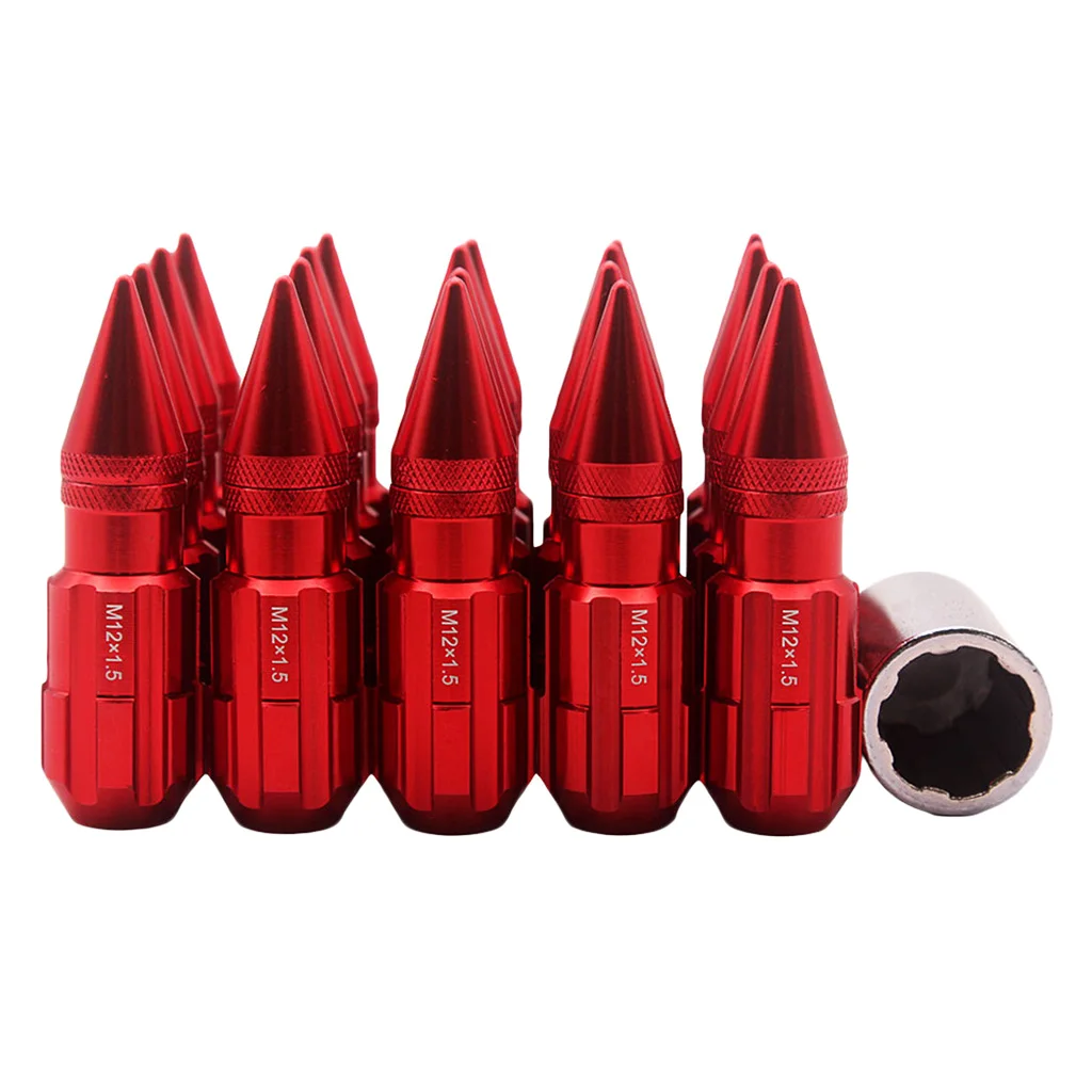 20x Red Racing Extended Wheel Lug Nuts W/Spikes M12x1.5 With Key Universal