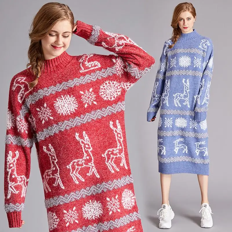 

Banulin Runway Women Loose Knitted Christmas Dress Designer Winter Snowflake Deer Thicked Wool Sweater Dress Warm Vestidos