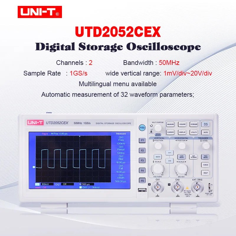 

UNI-T UTD2052CEX Digital Storage Oscilloscopes 2CH 50MHZ 1Gsa Scope meter 7 inches widescreen LCD displays USB OTG Interface