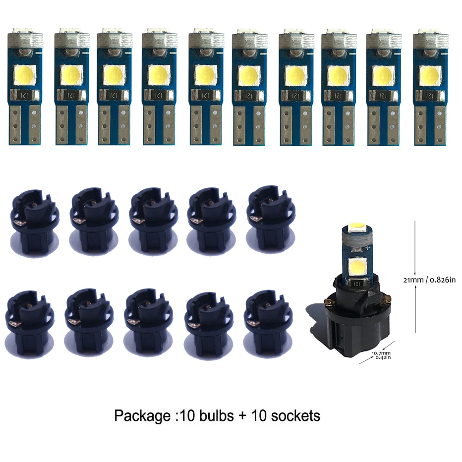 KTSCAR  T5 37 74 LED Bulb with Twist Socket Wedge Base 3/8"  PC74 PC37 Dashboard Instrument Panel Gauge Cluster Light Pack of 10