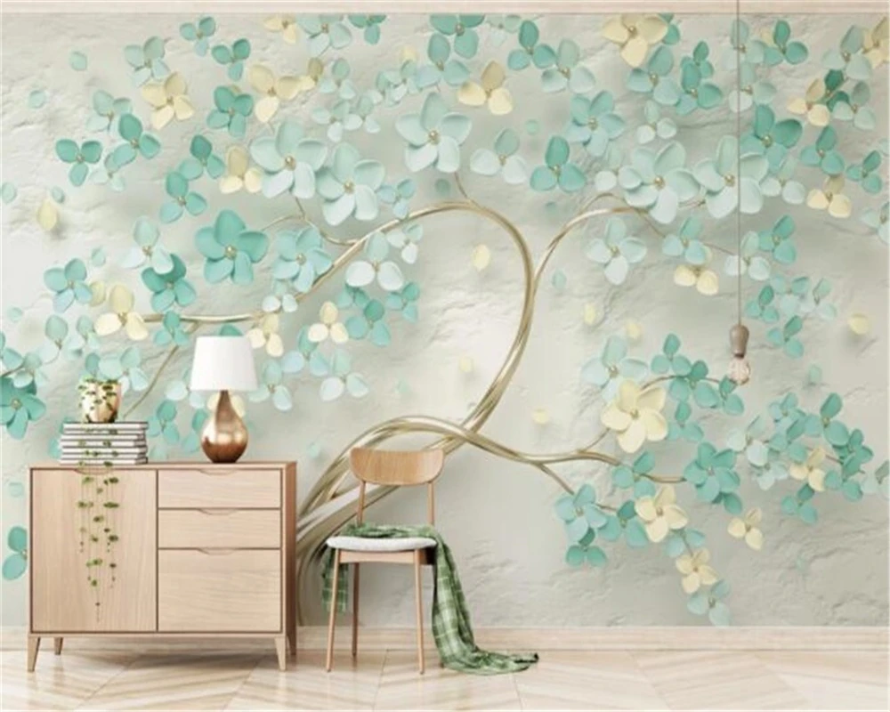Custom wallpaper small fresh mint green HD silk material flower relief background wall home