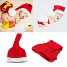 2Pcs/Set Newborn Photography Props Baby Crochet Knit Christmas Hat And Pants Suit Cute Handmade Costume Photo Clothes