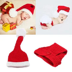 Ensemble chapeau et pantalon de noël tricoté au Crochet pour bébé, 2 pièces/ensemble, accessoires de photographie pour nouveau nés, Costume mignon fait à la main, vêtements Photo 