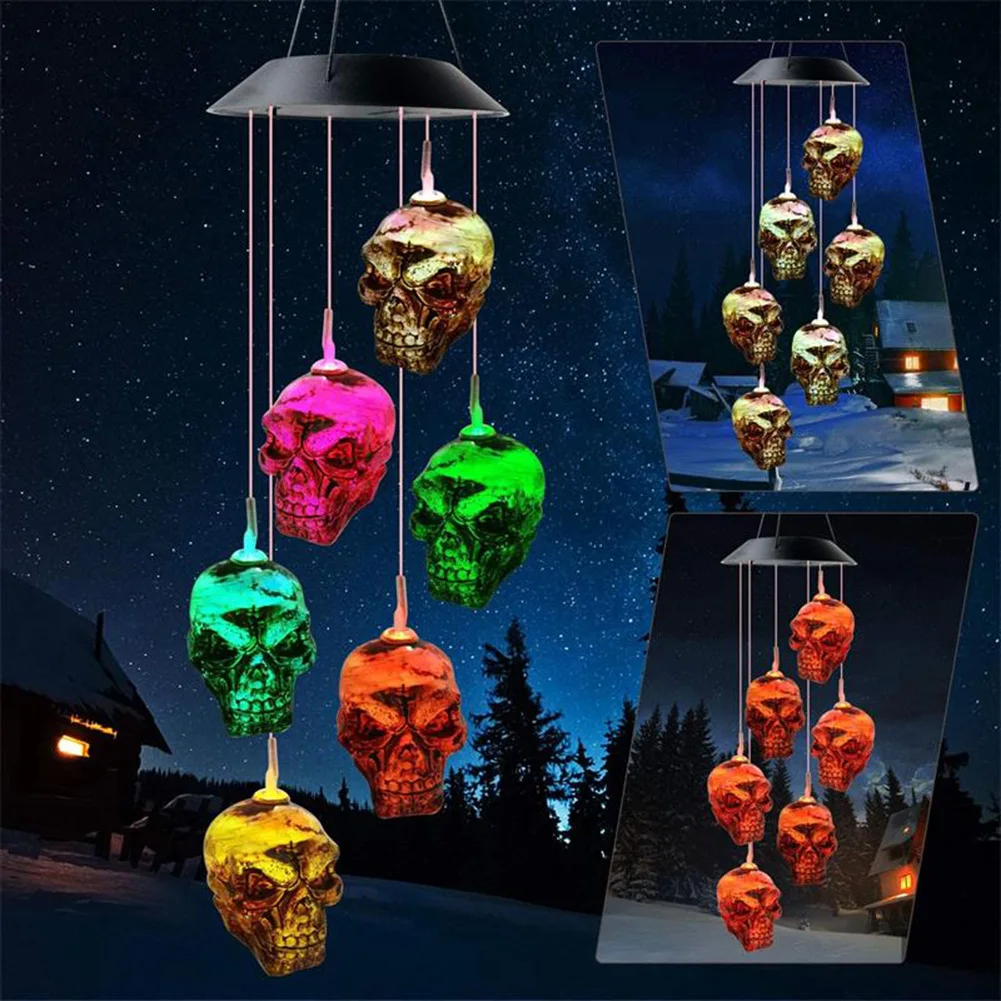 

Solar Powered LED Halloween Skull Wind Chime Light, Home Garden Decor, Hanging Wind Chime Lamp, Lawn, Yard, Decorations