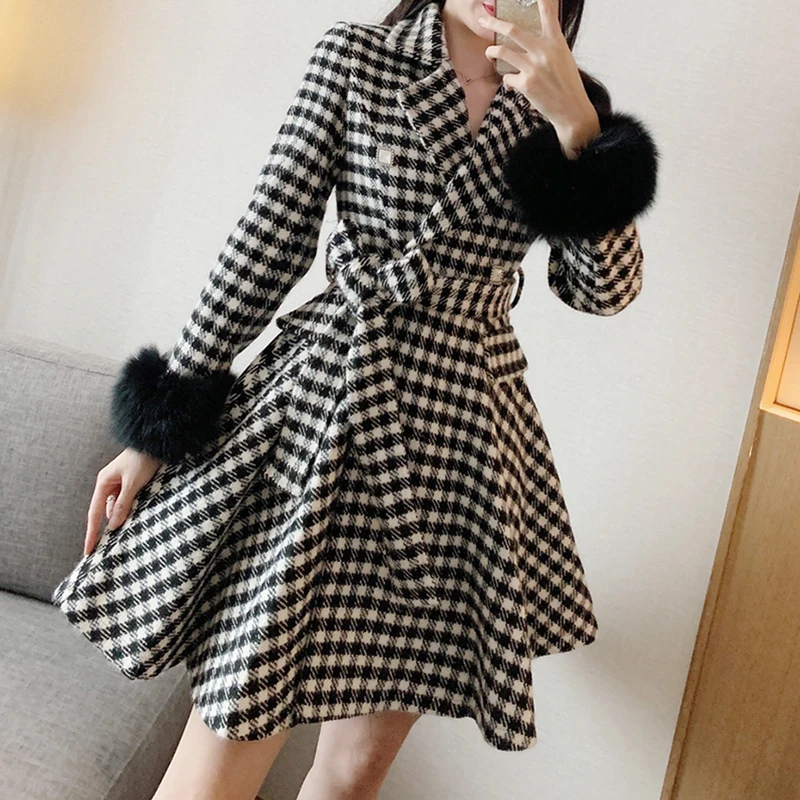 HIGH STREET 2019 New Fashion Designer Coat Women's Fur Embellished Plaid Overcoat |