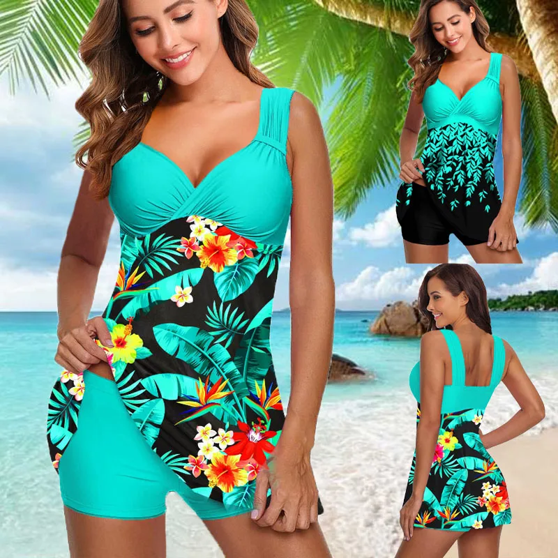 Plus Size Two Pieces Swimsuits Swimwear Women Flower Print Summer Large Bathing Suits Tankini Beachwear Sexy Bikini Swimdress prowow women clothing set lace up bra zipper pant two piece matching print suits 2021 new summer sexy female beachwear outfit