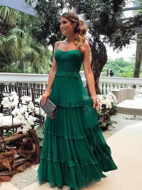picture color Green Prom Dresses Long Strapless Sexy Tiered A Line Formal Evening Gown Women - Цвет: picture color