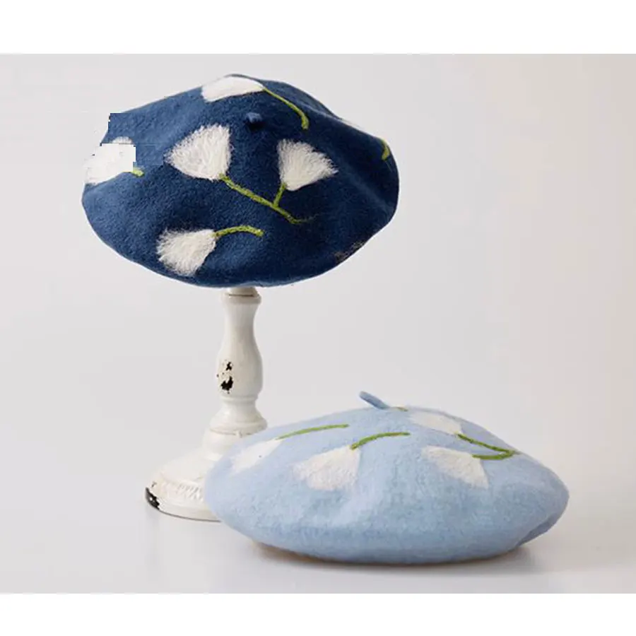 

Handmade Wool Felt Berets Original Simple Dandelion Berets For Ladies New Year Gift Valentine's Day Present Casual Blue Hat New