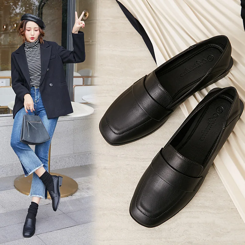 Brief moccasins square toe shallow women shoes casual comfy all match flats solid leather ladies wear resistant loafers footwear