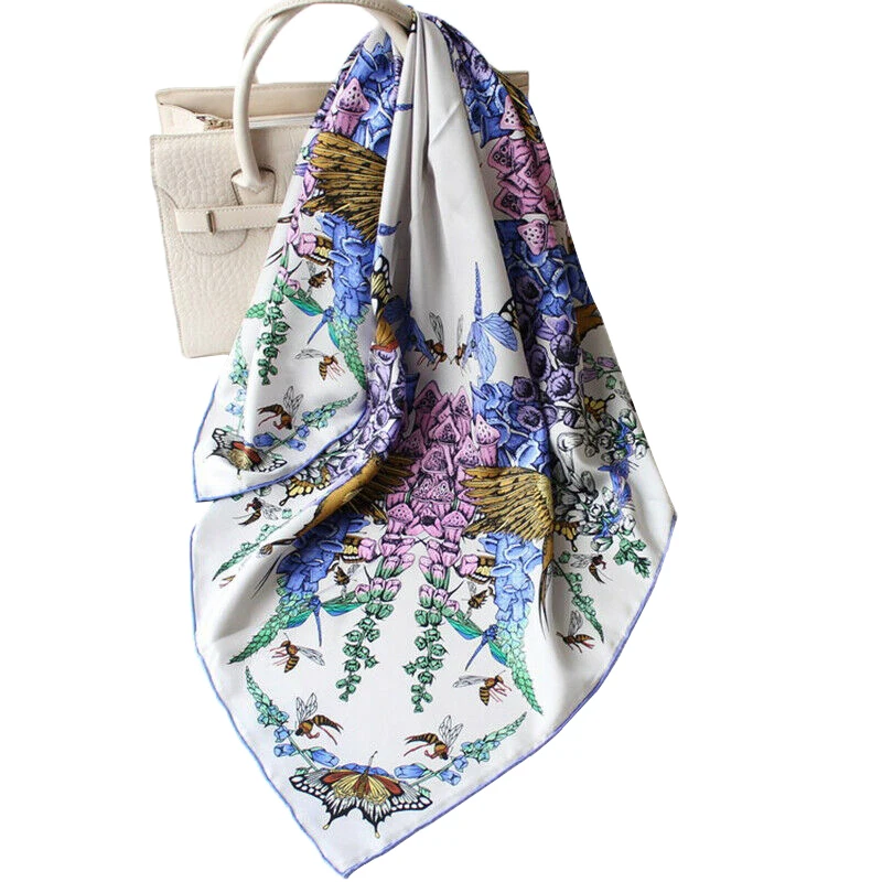 

100% Twill Silk Scarf Women Vintage Boho Style Flower Birds Butterfly Print Shawl Hijab Head Neck Stole Bandana 90*90cm