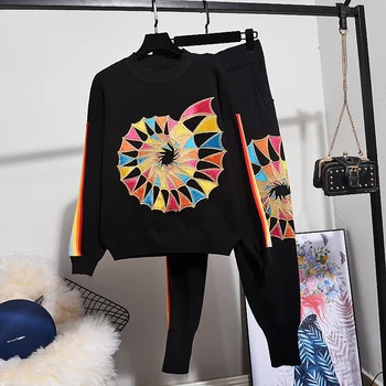 

High Quality Loose Women Sequins Flower Long Sleeve Sweater + Casual Pants Two Piece Outfits Student Knitted Tracksuit Women Set