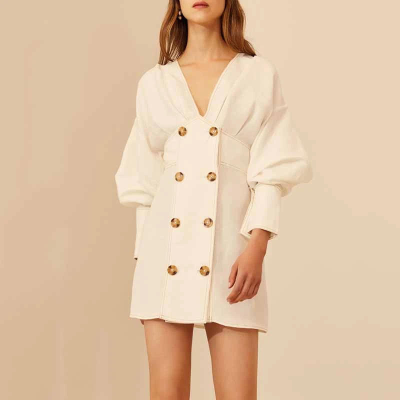 

[YaLee] New Fashion 2019 Summer Autumn Thin Simple V-neck Long Sleeve Double Breasted Stitching Loose Dress Women N081