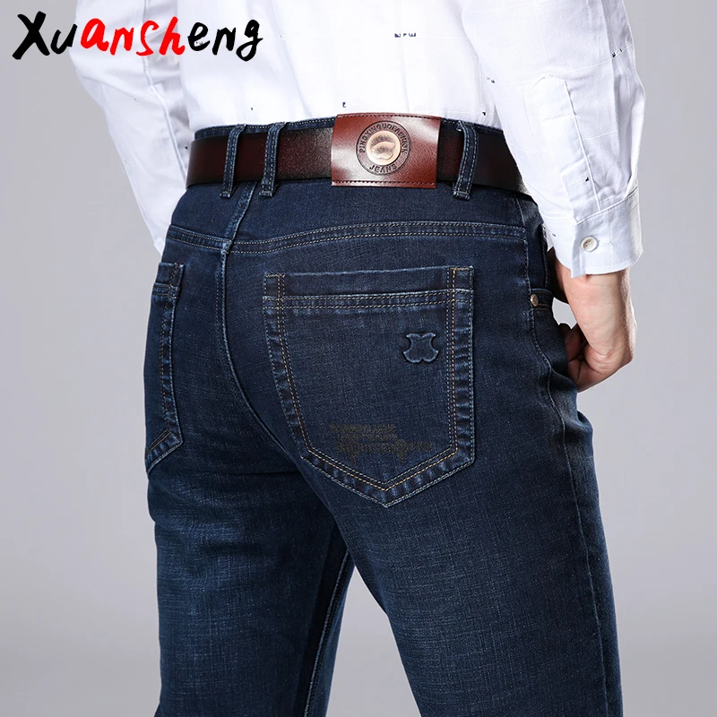 Xuansheng brand men's jeans 2020 new autumn winter thick business work casual stretch slim jeans classic pants blue black jeans Xuansheng brand men's jeans 2020 new autumn winter thick business work casual stretch slim jeans classic pants blue black jeans