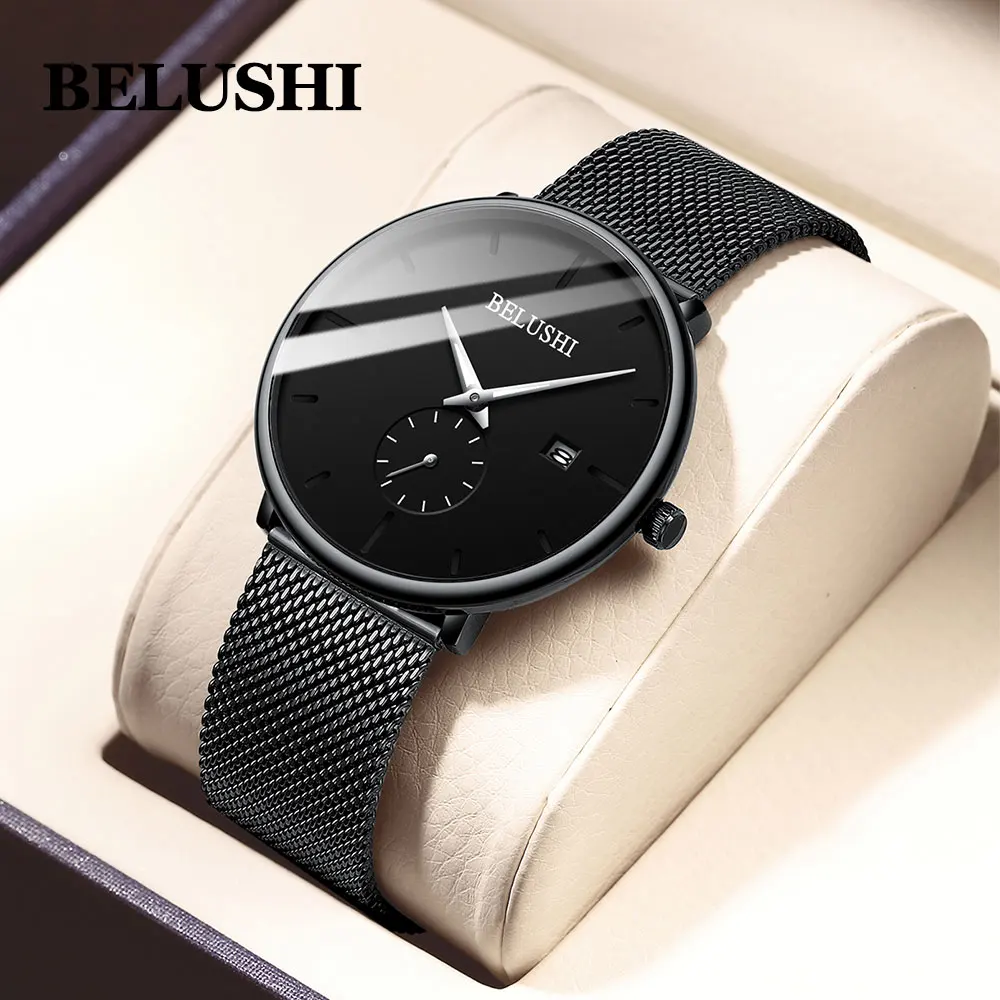 Belushi мужские часы Роскошные брендовые кварцевые часы из нержавеющей стали мужские водонепроницаемые черные ультра тонкие часы с датой для мужчин Relogio