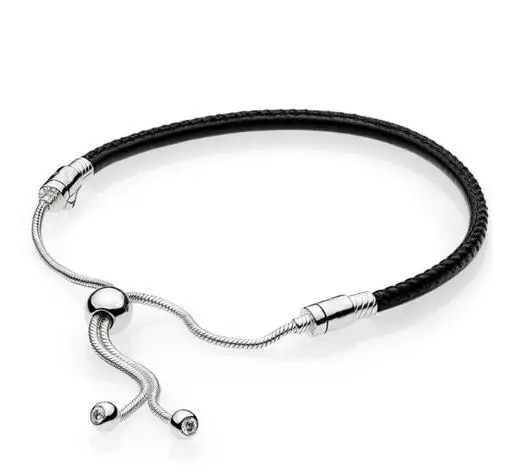 Натуральная 925 пробы Серебряная кожа Moments с регулируемой скользящей застежкой змеиная цепочка браслет подходит из бисера Шарм ювелирные изделия