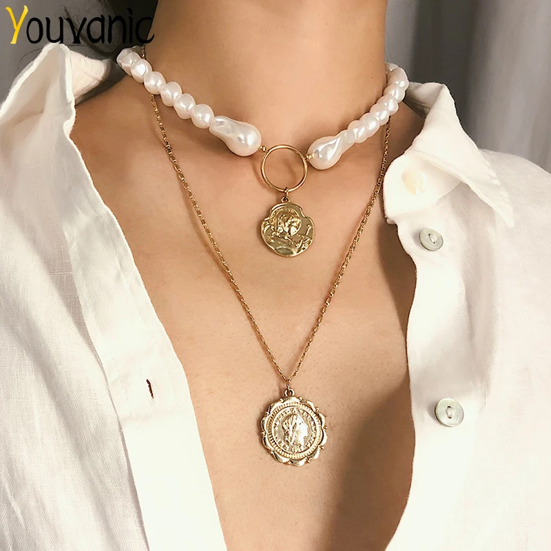 

Youvanic Boho Layered Pearl Chain Choker Necklace Collar Gold Carve Portrait Coin Pendant Necklace Women Statement Jewelry 2440
