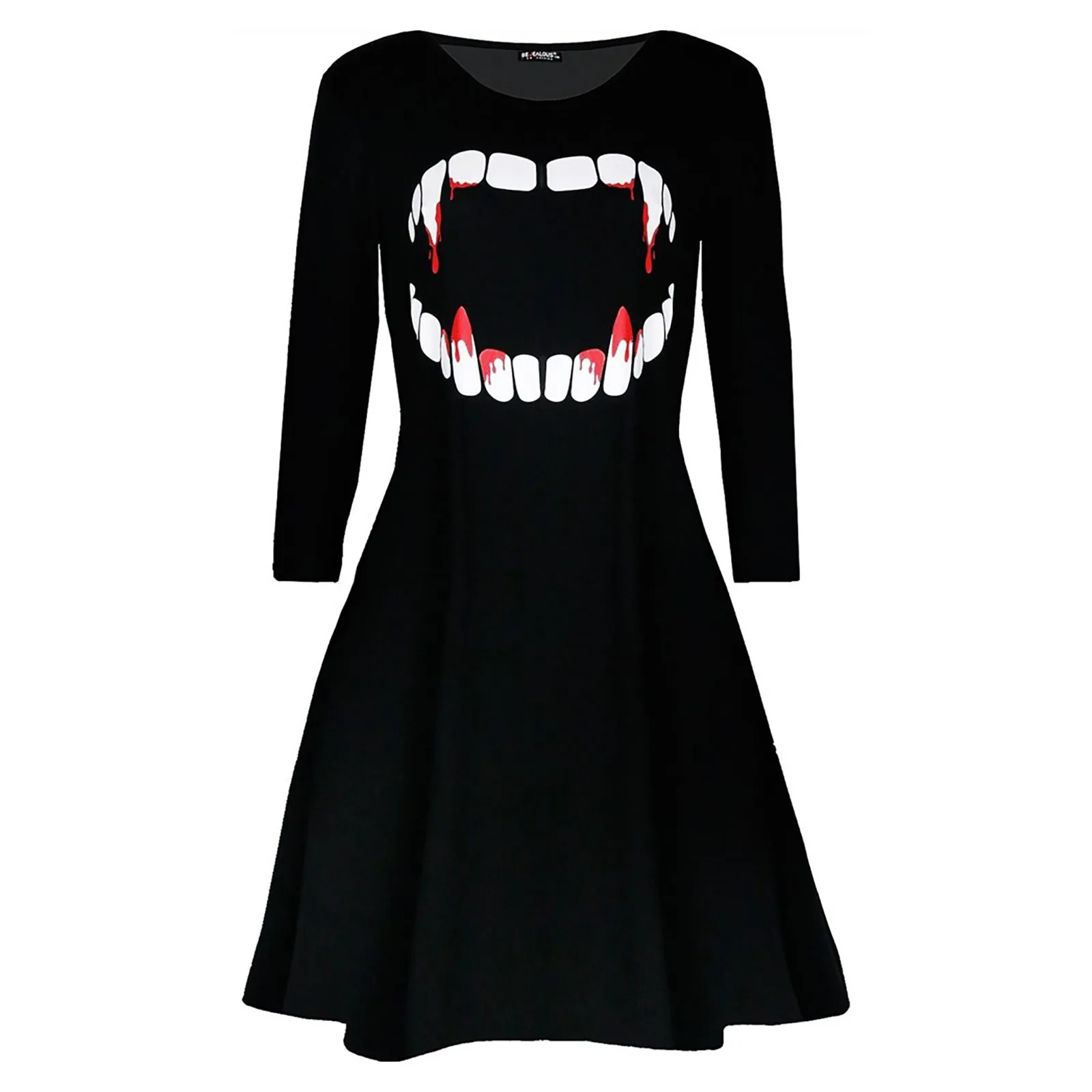 2021 new Fashion Ladies Halloween Party Dress Digital Print Round Neck Waist Hem Long Sleeve Dress Woman Clothes Vestido Robe 1