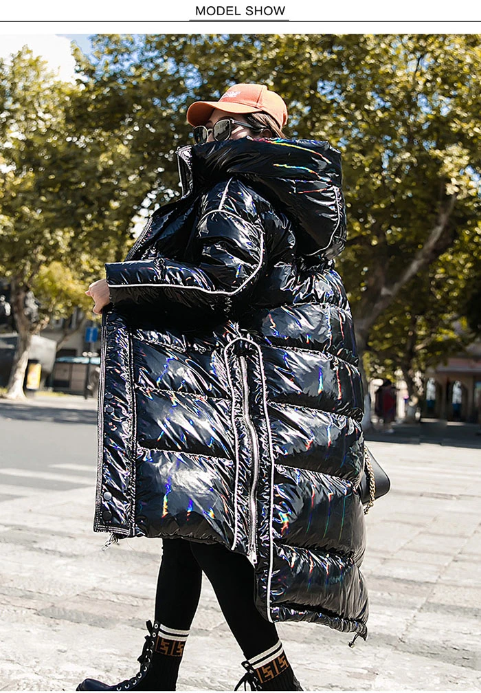 ZURICHOUSE Женская куртка на утином пуху Длинная зимняя глянцевая черная свободная теплая парка с капюшоном Женская Утепленная зимняя пуховая куртка