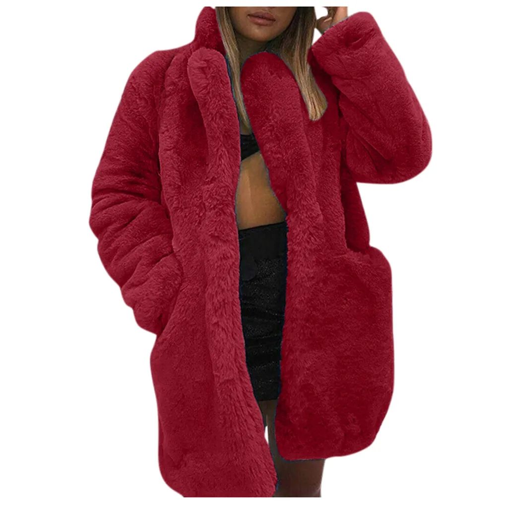 Winter Women Faux Fur Coat Solid Long Sleeve Jacket Cardigan Pock Overcoat Warm Outwear Yellow Pink Blue Wine Black Fur Coat - Цвет: Wine