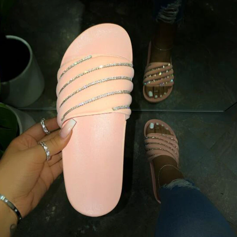 2020 Woman Crystal Sparkly Slippers Women's Fashion Summer Beach Shoes Women Pink Black Slide Ladies Casual Flats Plus Size 42 | Обувь