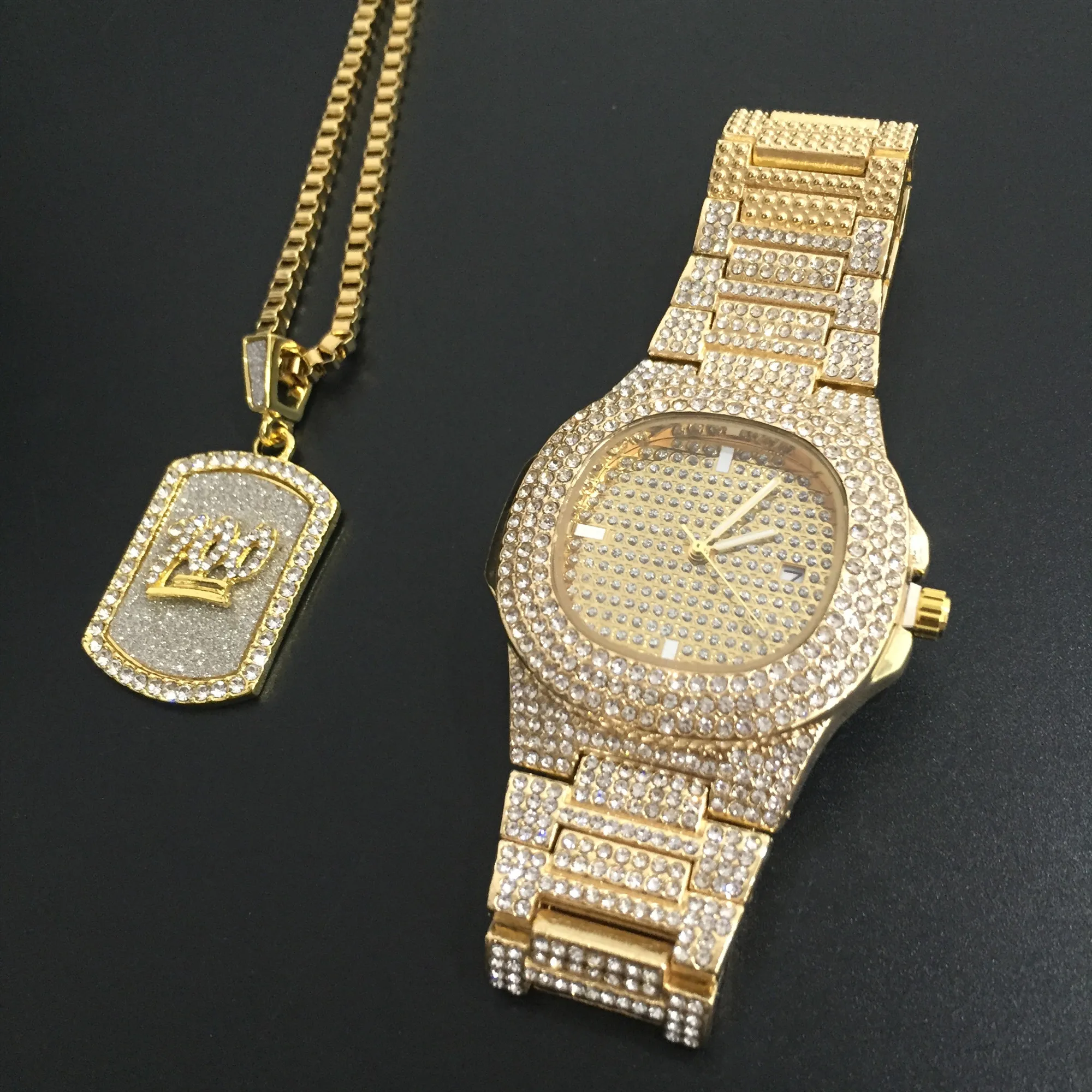 Роскошные золотые ювелирные изделия в стиле хип-хоп, стильные часы и ожерелье, комбинированные часы, мужские часы в стиле хип-хоп, ожерелье с цепочкой, кубинские часы для мужчин - Цвет: Слоновая кость