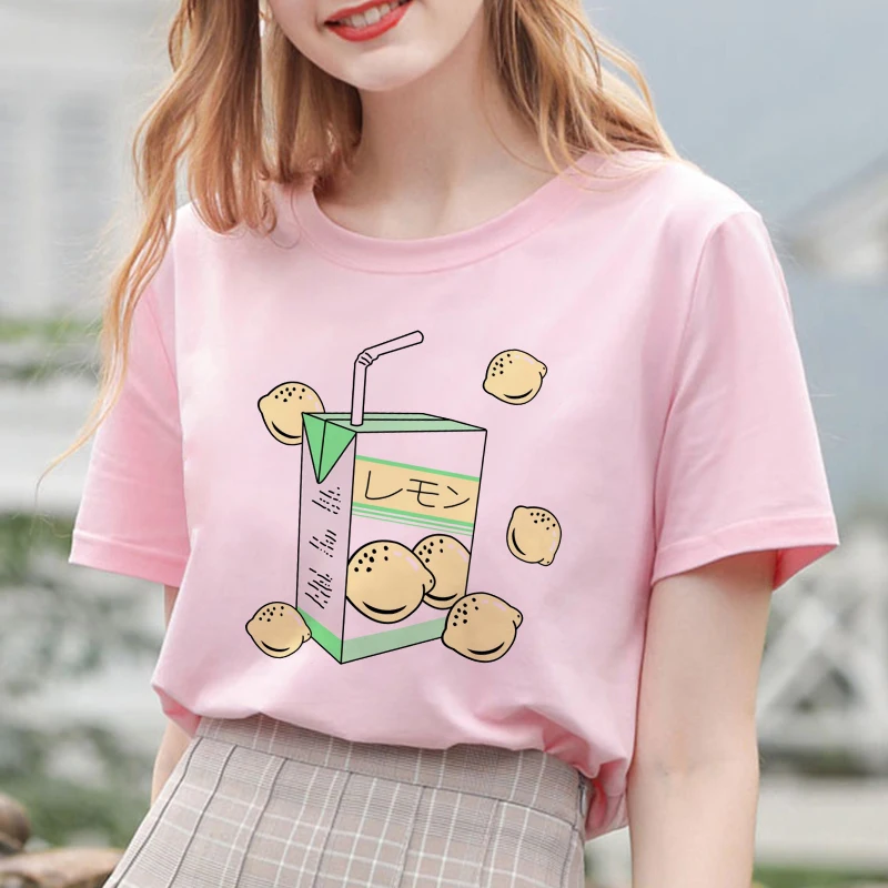 Summer New Pink Fashion Korean Style Women's Japanese Peach Juice Drink Print Harajuku Vogue Casual Loose Kawaii Female T Shirt