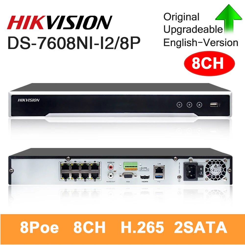 Оригинальный Hikvision NVR DS 7608NI I2/8 P 4K сетевой видеорегистратор 8CH 2SATA 8 PoE порт H.265 Plug and