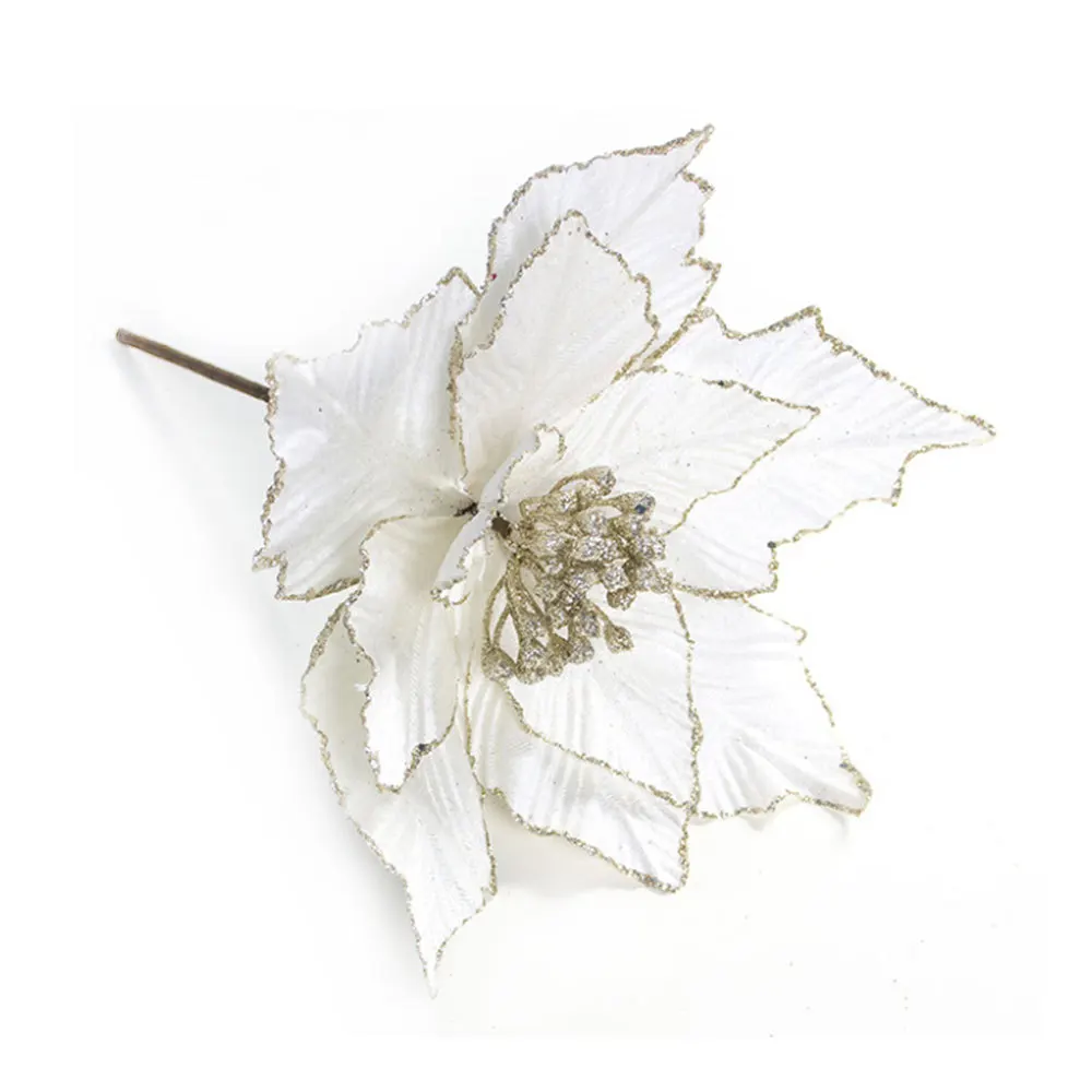 Искусственные цветы для украшения блестки Poinsettia поддельные цветы DIY домашние свадебные декорации цветок голова Рождество - Цвет: White