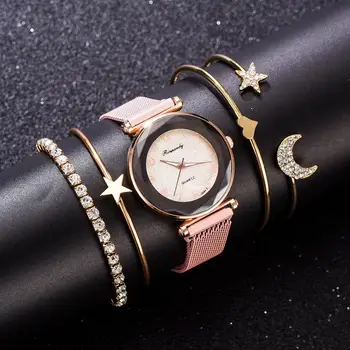 

5PCS Luxury Bracelet Watch Set Dazzling Star Jewelry Bangle Quartz Clock Magnetic Women‘s Crystal Wristwatch Gift