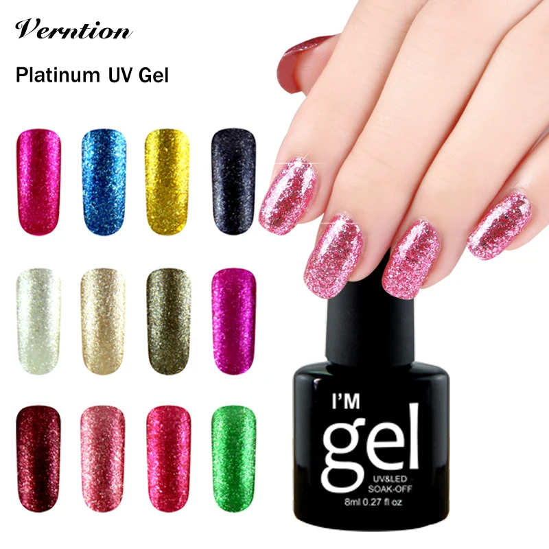 

Verntion Glitter Platinum Nail Polish Semi Permanent Gel Polish Top Base Coat Uv Colorful for Manicure Gel Varnish Nail Primer