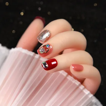 

24pcs/box Summer Fresh Jelly Wearable press on Nail Patch Short Size Showing Hand White shimmering powder Drill Fake Nail tips