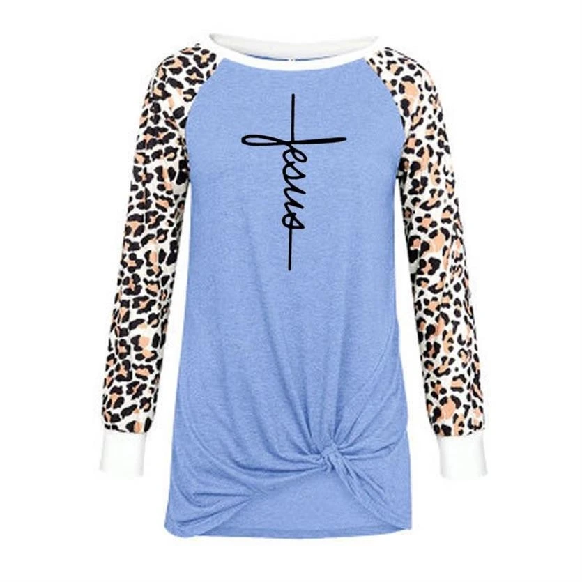Новая модная леопардовая крученая футболка с длинным рукавом с надписью Faith, футболка для женщин, женская футболка размера плюс, укороченный топ - Цвет: Blue