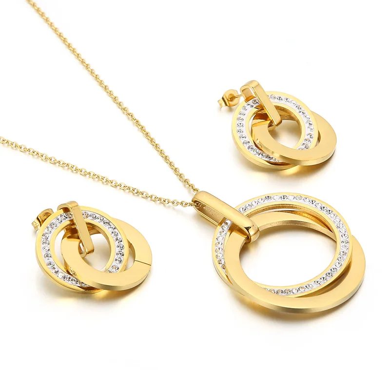 Elegante runde Anhänger-Halskette, Tropfenohrringe für Damen, Edelstahl, Zirkon-Kette, Schmucksets, Hochzeitsgeschenk – Detail 14