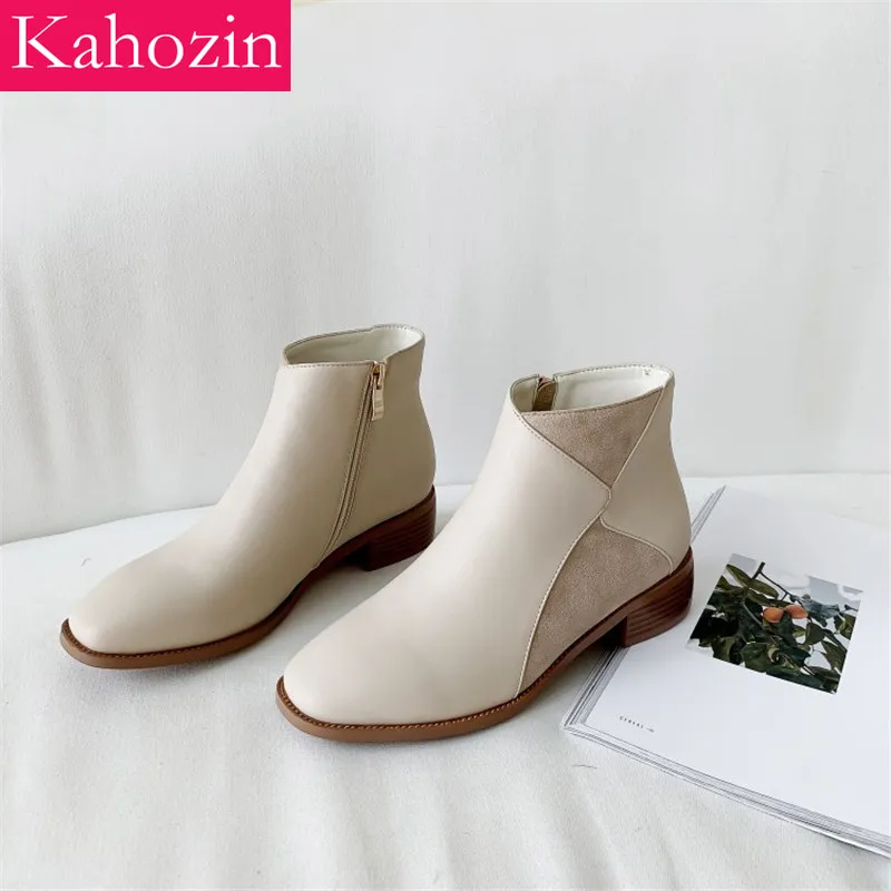 

Winter Quality Women Short Boots Suede Vamp Square Toe Zip Wood Grain Square Heel 5CM Apricot Black Casual Office FashionBotines