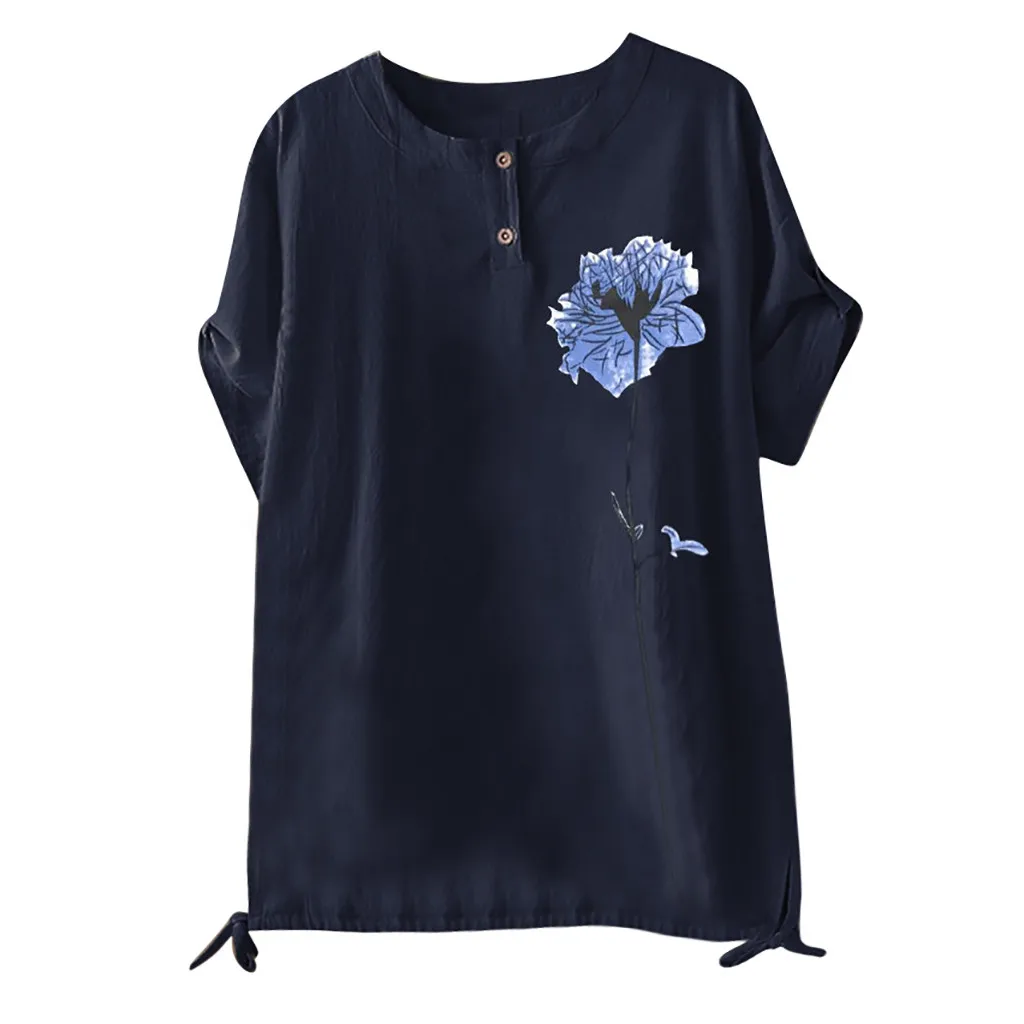 

Women Linen Blouse 2019 Summer Autumn Plus Size Tops Women Short Sleeve Print Blouse Top 8.19