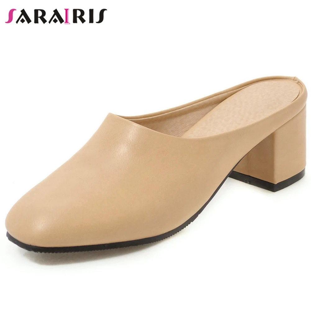 

SARAIRIS Brand Female Slip On Round Toe Square Heels Pumps Casual Office Comfortable Mules Women Shoes Woman