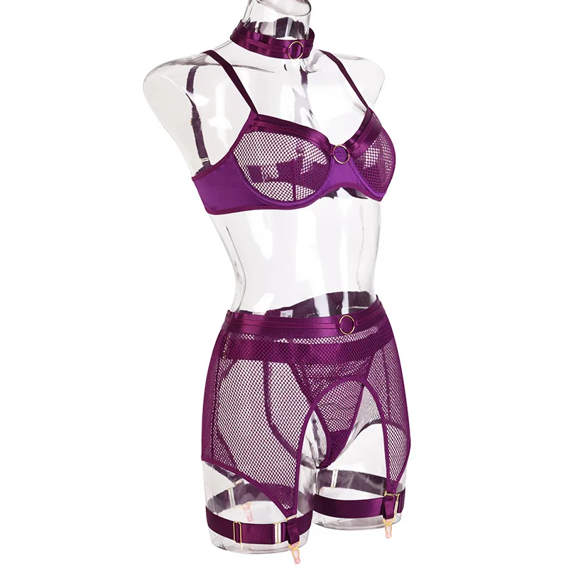 sexy bra panty set 4-Piece Mesh Bra Sets Transparent Metal Ring Patchwork Underwear Women Set Underwire Ladies Lingerie Sexy Set with Garter Belt sexy bra and panty set