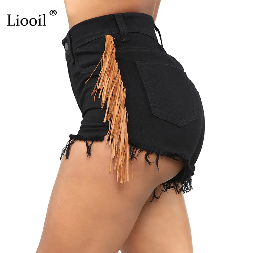 

Liooil Black White Short Jeans With Fringe On The Side Women 2021 High Waisted Button Zipper Pockets Streetwear Washed Shorts