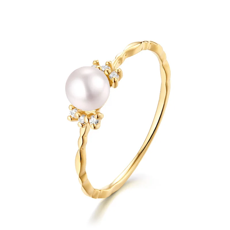 

Elegant 14K Pure Real Yellow Gold Freshwater Pearl Rings for Women Floral Crystal Bands Fine Anniversary Engagement Jewelry