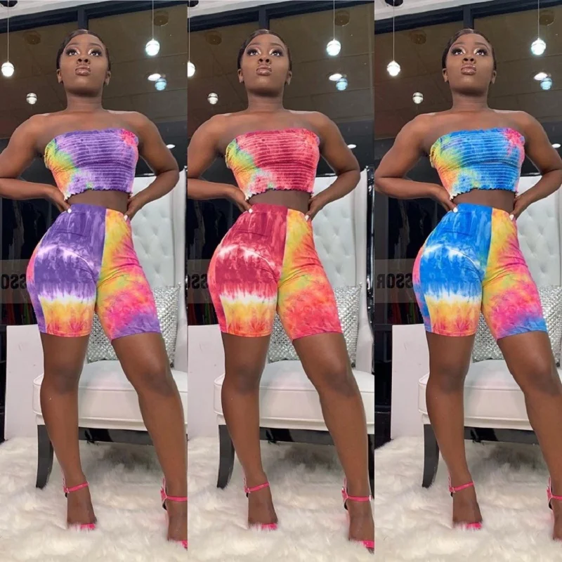 

New 2 Piece Club Outfits for Women 2020 Festival Clothing Tube Crop Top and Biker Shorts Tie Dye Sexy Matching Two Piece Set