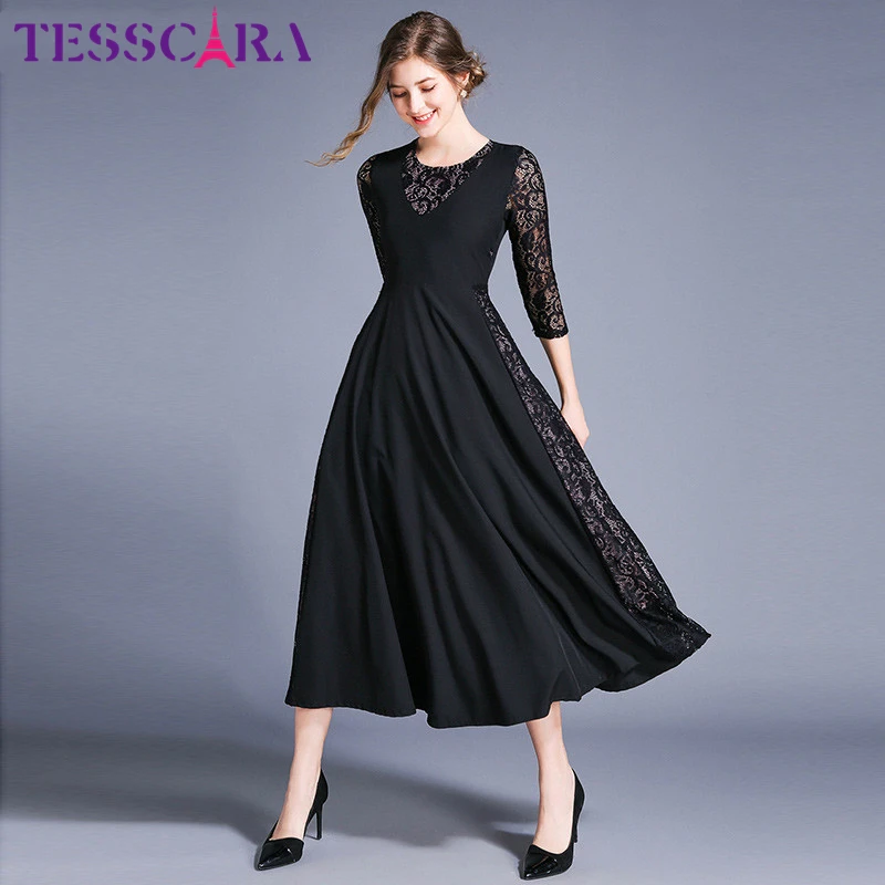 TESSCARA, женское элегантное кружевное платье, праздничное, женское, высокое качество, длинное, офисное, вечерние, роковой, пэчворк, дизайнерское, черное, Vestidos
