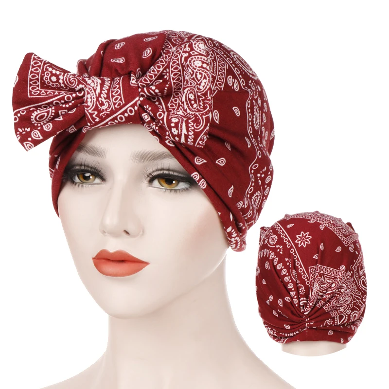 

Trendy print muslim head scarf for women detachable bow cotton hijab turban caps India wrap Inner hijabs islamic turbantes mujer