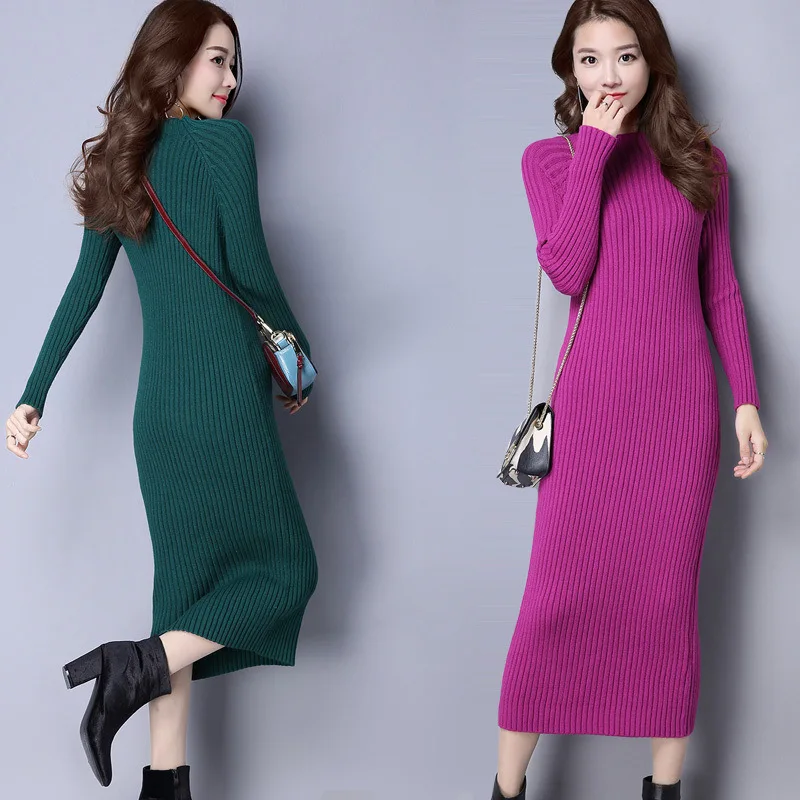 

Bonjean Women Casual Polka Long Party Winter Dresses Sexy Long Sleeve O Neck Sweater Dress Knitted Boho Women Dress Bud