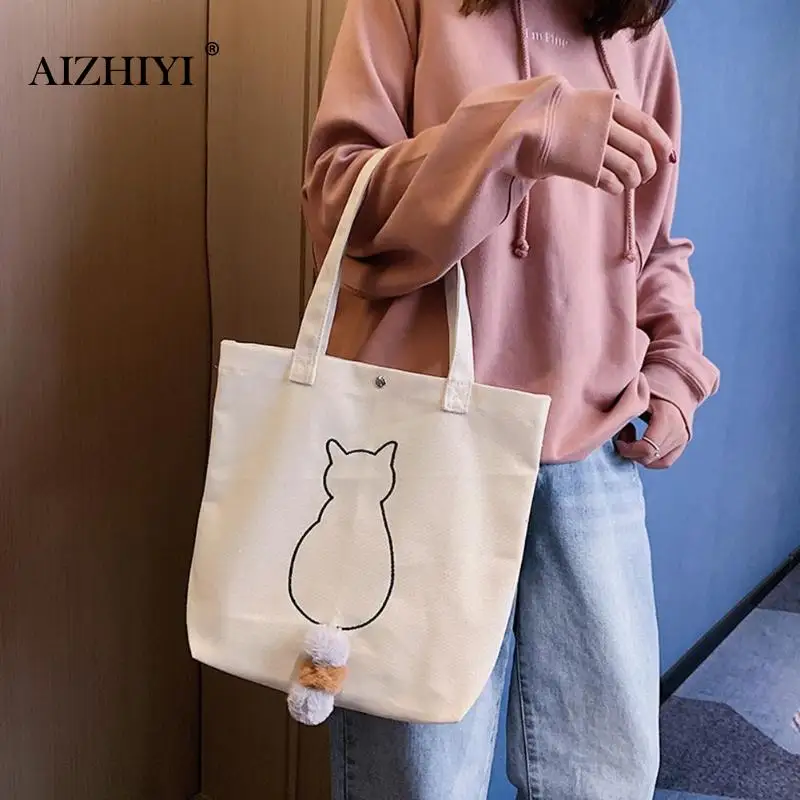 

Women Shoulder Bag Female Casual Canvas Big Top-handle Bags Simple Leisure Large Capacity Cat Print Shopping Handbag