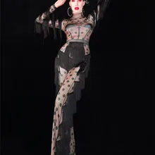 Для женщин певица танец черный ню точка бахрома комбинезон для женщин День Рождения Выпускной большой Леггинсы наряд бар сценическая одежда