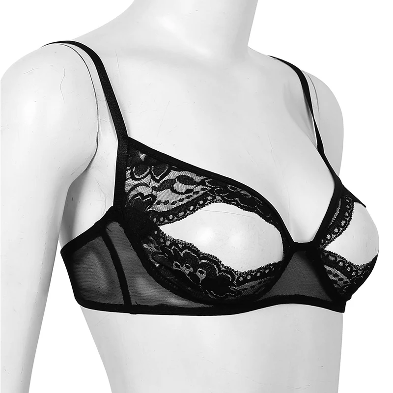 TiaoBug Women Lingerie Sheer Lace Floral Adjustable Spaghetti Straps Nipple Split Bralette Wire-free Unlined Open Cups Sexy Bra