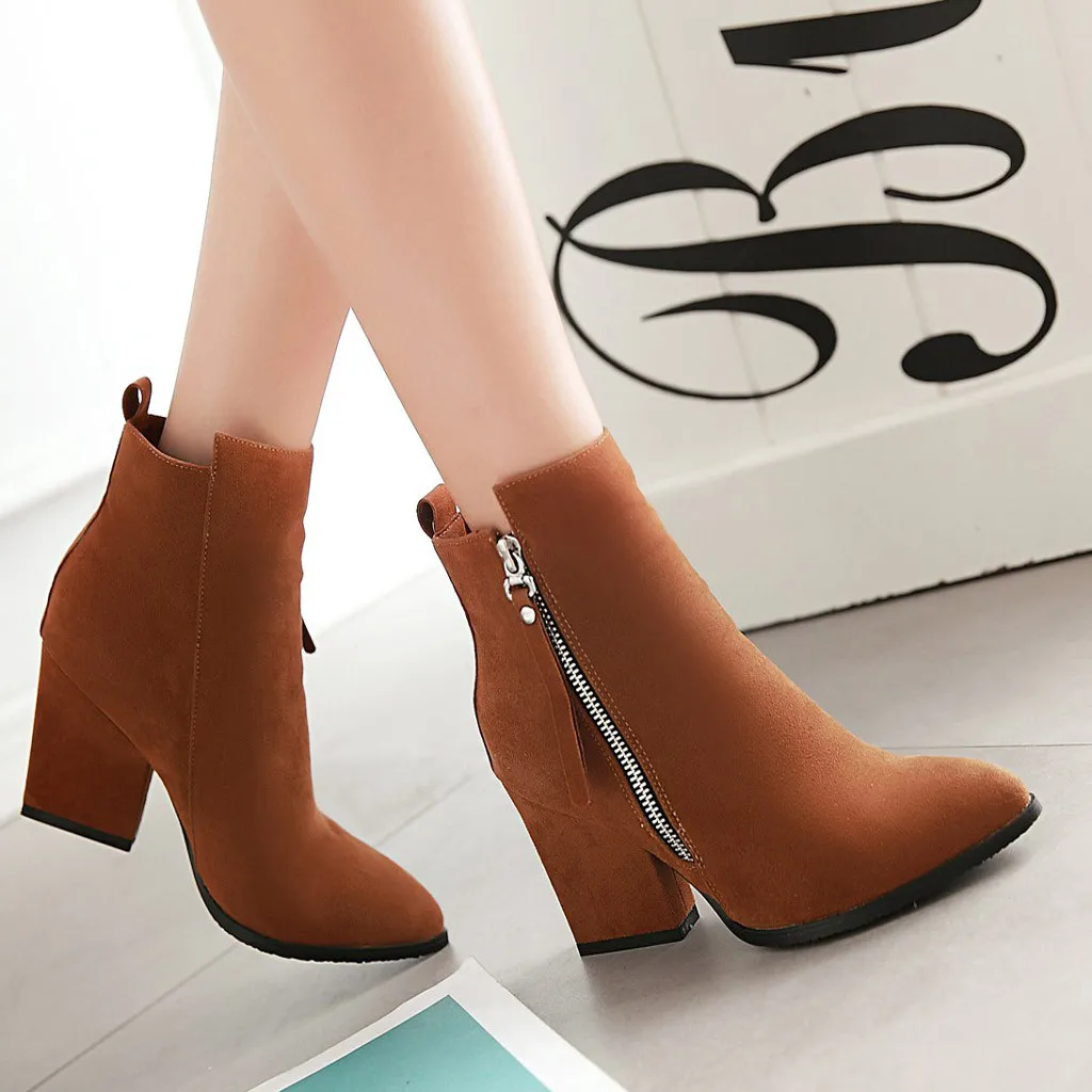 

New Arrival Women's Winter Boots Solid Pointed Toe Thick Heel Shoes Fashion Platform High Heels Ankle Boots Ladies Flock Shoes