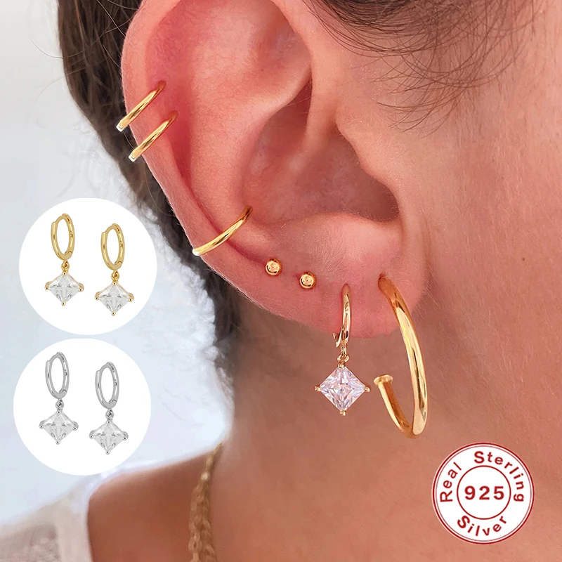 

925 Sterling Silver Hoop Earrings For Women Earring Checkered Zircon Pendant Earrings brinco Fine Jewelry oorbellen Couple Gift