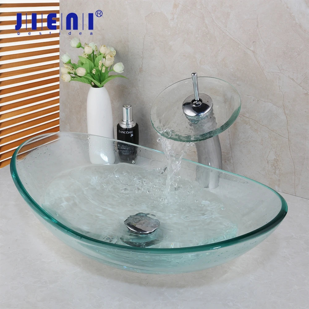 Jieni Washbasin Unique Tempered Glass Basin Sink Faucet Set Ingot Shape Bright Bend Clear Modern Design W Chrome Tap Drain Bathroom Sinks Aliexpress