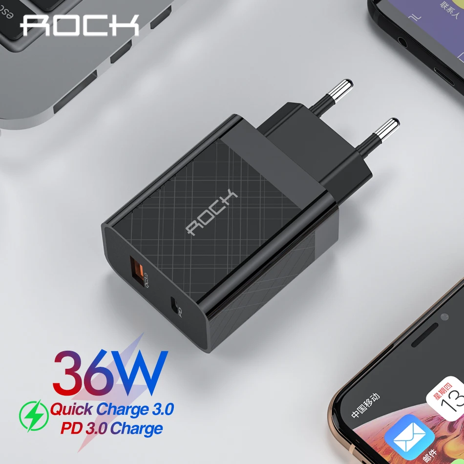 ROCK PD QC 3,0 FCP Dual USB зарядное устройство 36 Вт Быстрая зарядка EU US Разъем для iPhone X 8 plus для Redmi Note 7 адаптер для мобильного телефона - Тип штекера: EU Black